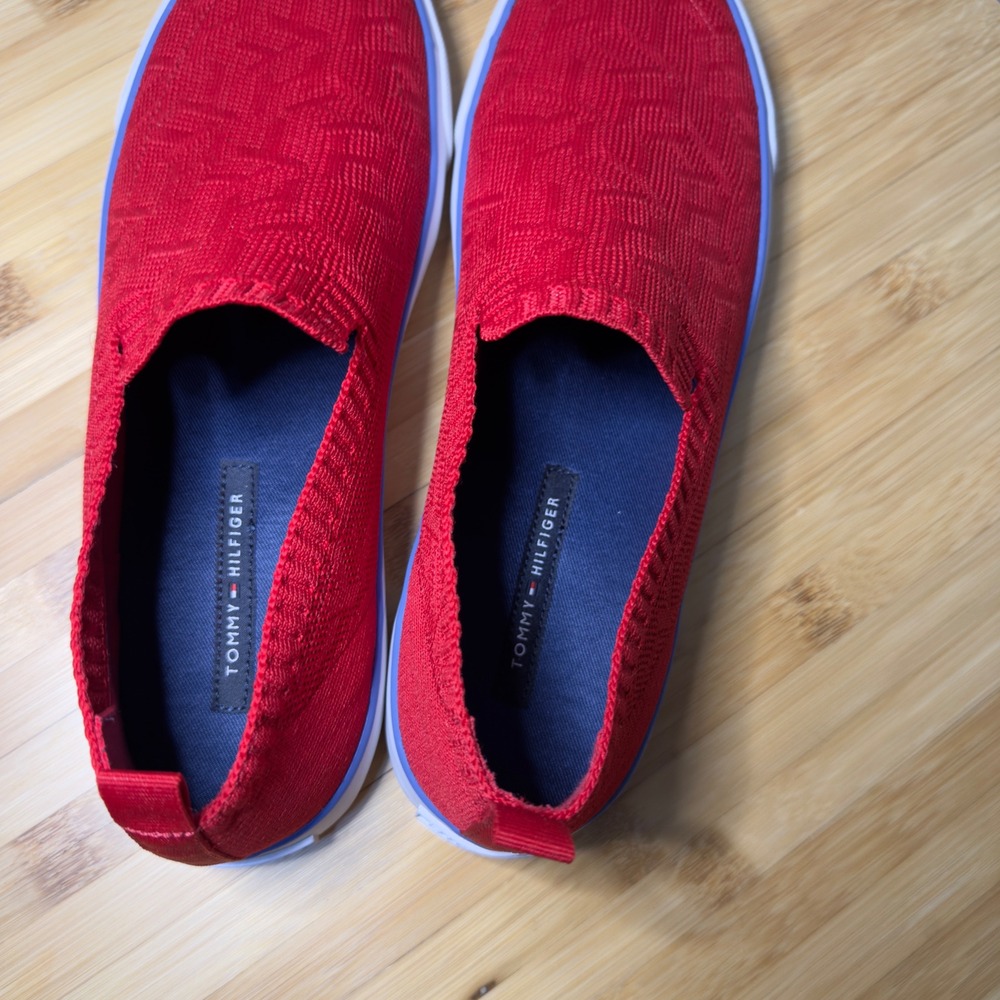 Tommy Hilfiger Womens Red Knit Monogram Slip On Sneakers Script Logo Low Top - Picture 8 of 11